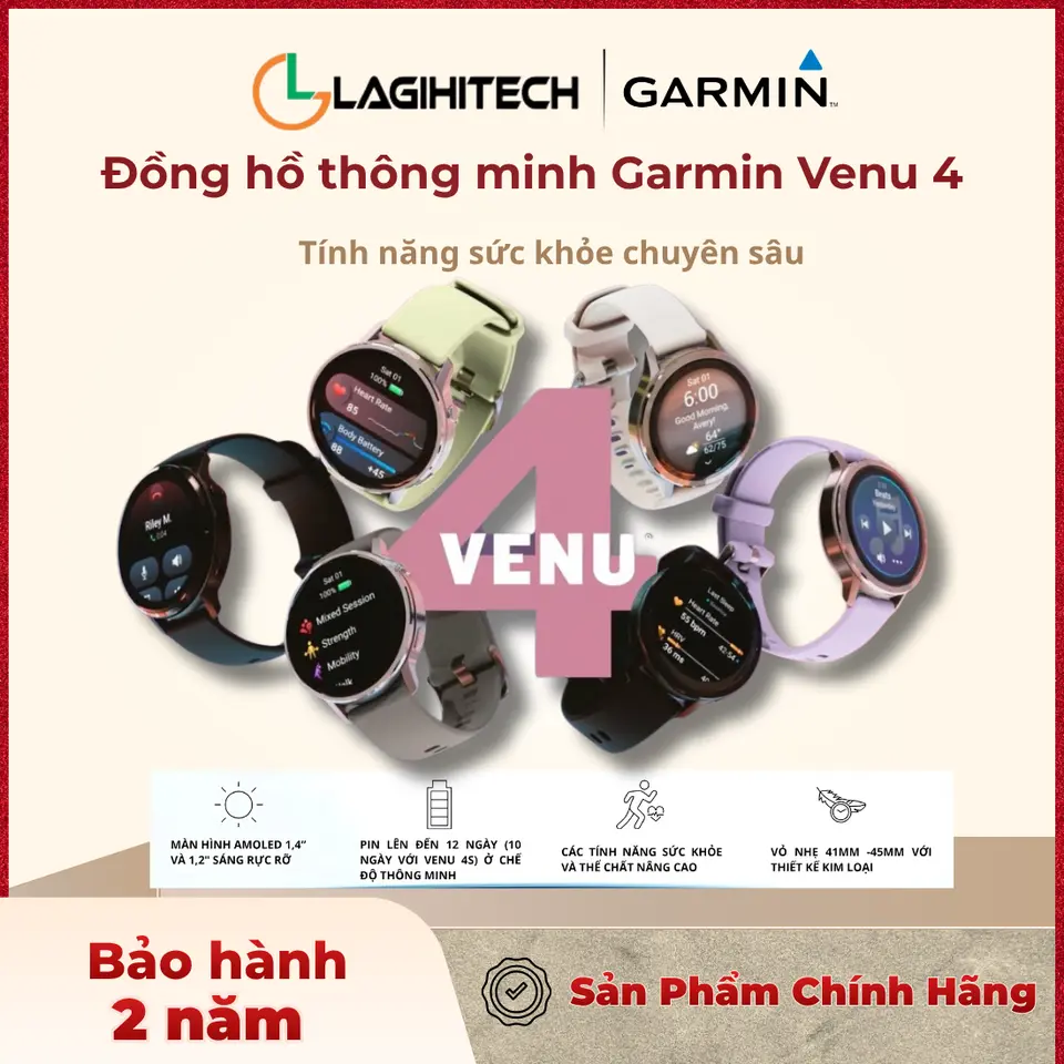 Đồng hồ thông minh Garmin Venu 4 - Loa & Micro nghe gọi, Đèn pin LED, AMOLED, theo dõi sức khỏe - Chính hãng - BH 2 năm