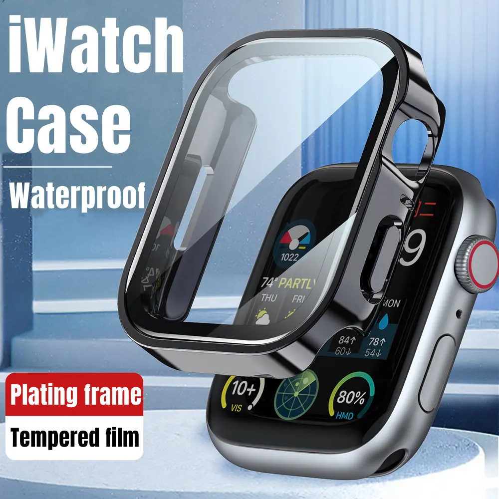เคสกันน้ำพร้อมฟิล์ม HD สำหรับ Apple Watch S8/7/6/5/4 SE2 ULTRA กรอบชุบโลหะพร้อมตัวป้องกันหน้าจอ เคสนาฬิกาสำหรับ iWatch 49MM 45MM 44 41 40 ขอบตรง