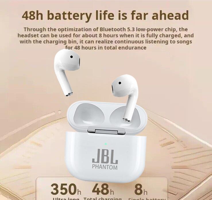 Tai nghe nhét tai nghe không dây, Tai nghe Bluetooth 5.3, Âm thanh nổi Hi-Fi, Tai nghe âm trầm 3D, JBL Phantom pro 4, Mic khử tiếng ồn, Tai nghe trong tai 48H, Chống nước, Thích hợp cho tập luyện và thể thao, Tương thích với iOS và Android, Năm 2025