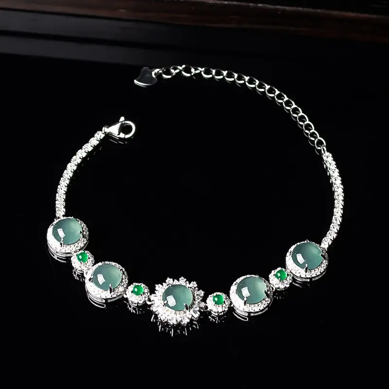 Natural Jadeite Grade A Laokeng Ice Seed Moisturizing Shining Egg Face Inlaid 925 Silver Women's Bracelet
