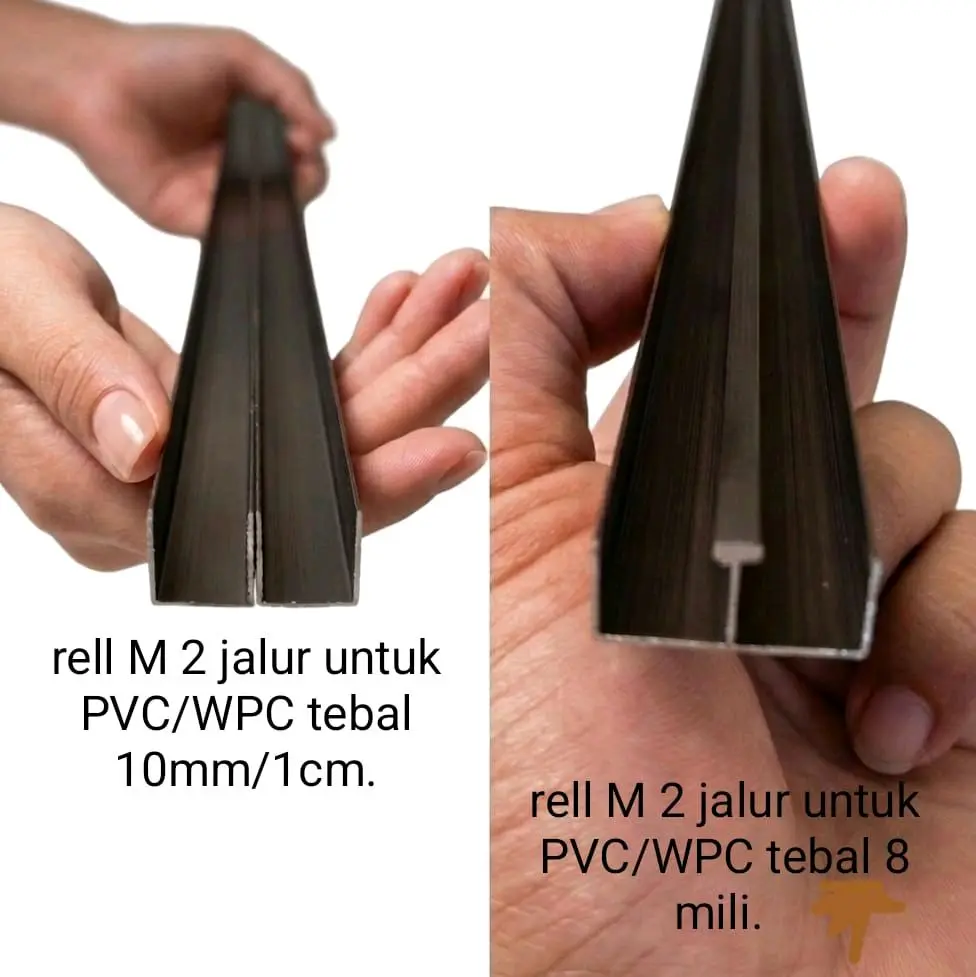 Rell Aluminium M 2 jalur untuk pintu sleding kolong dapur,Untuk PVC Ketebalan 8mm Dan WPC Ketebalan 10mm.