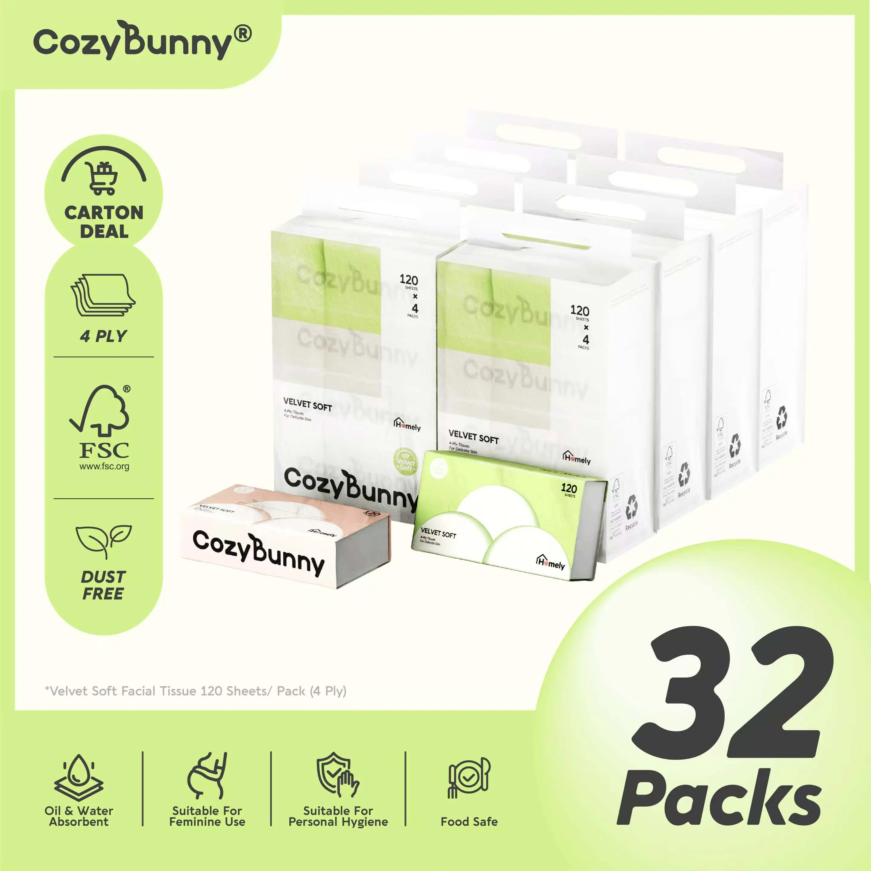 CozyBunny 4 Ply Velvet Soft Facial Tissues 120 Sheets (32 Packs) - Ideal for Sensitive Noses and Bathrooms - Disposable, Comfortable facial  tissue Household Mother tissue  paper