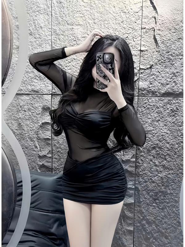 Đầm Body Form Ngắn Tay Dài Cách Điệu Chân Váy Nhún Thun Ladong Phối Voan Lưới Quyến Rũ Gợi Cảm_Váy Tiệc Đầm Xinh Dự Tiệc Cưới Váy Body Váy Body Nữ Tôn Dáng Váy Xinh Váy Đi Biển