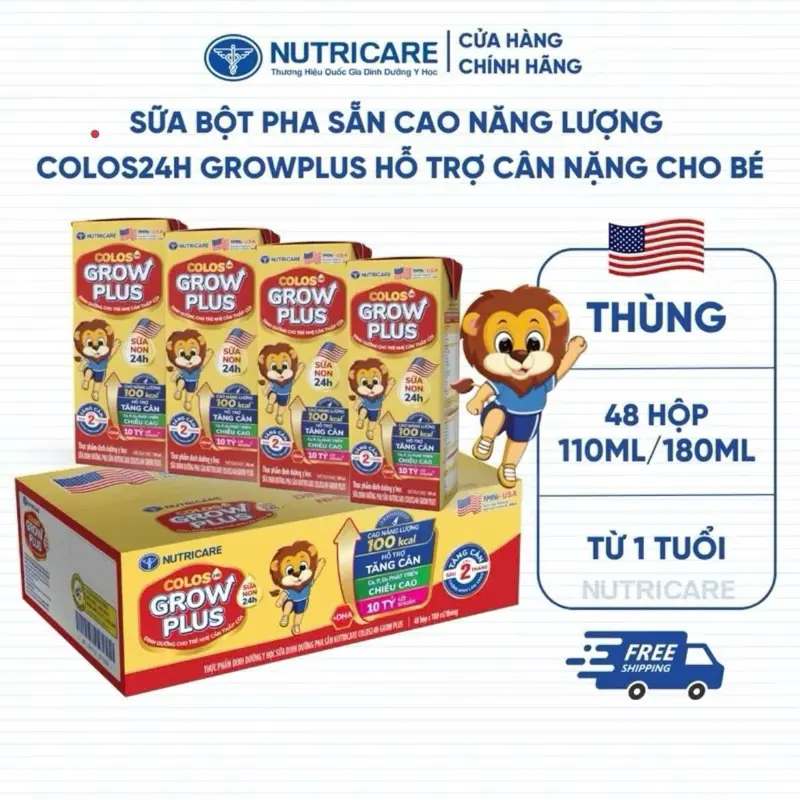 Nutricare - Thùng 48 hộp sữa pha sẵn Grow Plus Colos 24h 110ml - Bé Tăng Cân Tăng Cường Đề Kháng Tiêu Hoá Tốt