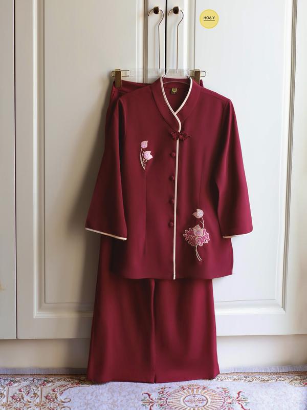  DL34 ĐỎ MẬT TÔNG   Họa Y Pháp Phục  bộ Đồ Lam Đi Chùa Nữ big size phật tử  truyền thống thiết kế cao cấp lụa tuyết Women hoa sen trung niên cho mẹ phục áo bà ba Tơ tràng cổ 