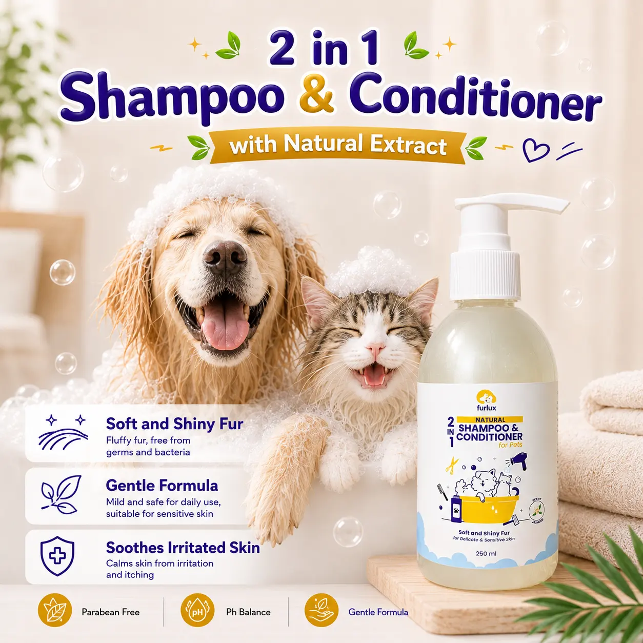 FURLUX - 2 in 1 Natural Shampoo & Conditioner for Pets 250ml | Shampoo Anjing & Shampoo Kucing