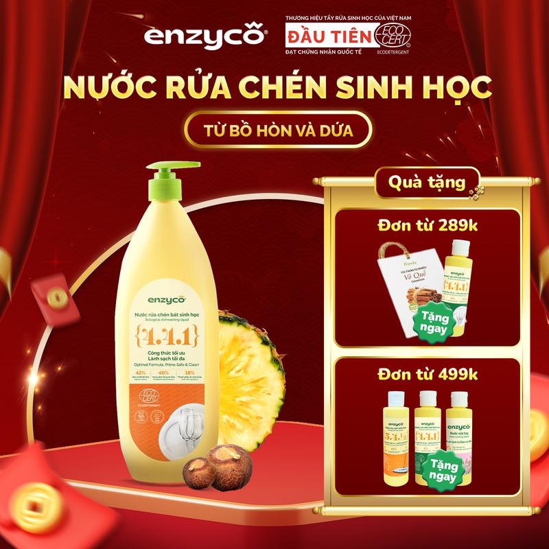 Nước rửa chén bát sinh học ENZYCO đạt Chứng nhận ECODETERGENT-ECOCERT từ Bồ Hòn và Dứa - Khử mùi tanh sạch dầu mỡ an toàn cho da nhạy cảm - Hương thơm từ Tinh Dầu Gừng Tinh dầu Cam Tự Nhiên 870ml - Cùng Enzyco Dọn Nhà An Toàn - Đón Tết An Lành
