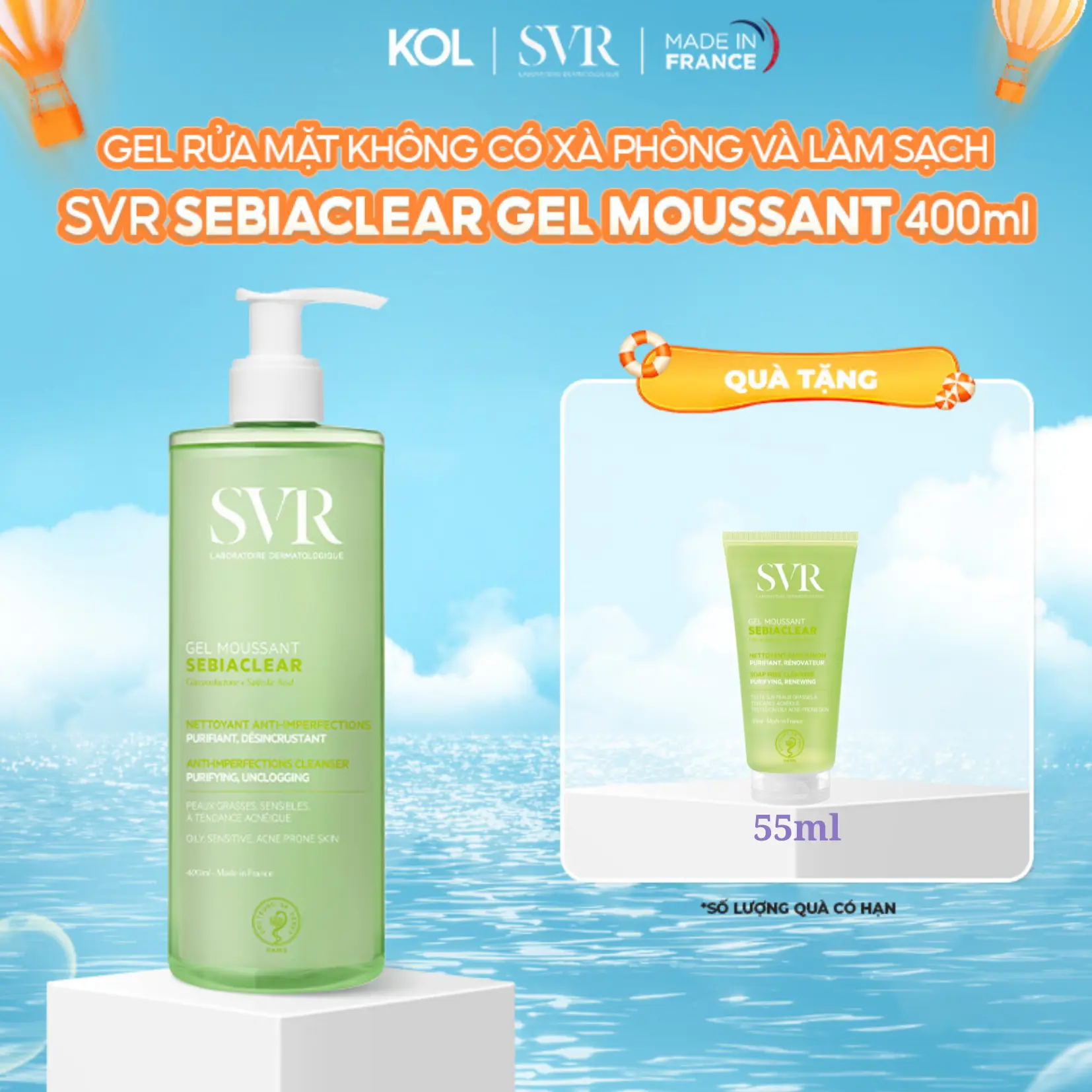 LONG CHUN x SVR Mua 1 Tặng 1 - Gel rửa mặt không có xà phòng và làm sạch SVR SEBIACLEAR GEL MOUSSANT 400ml