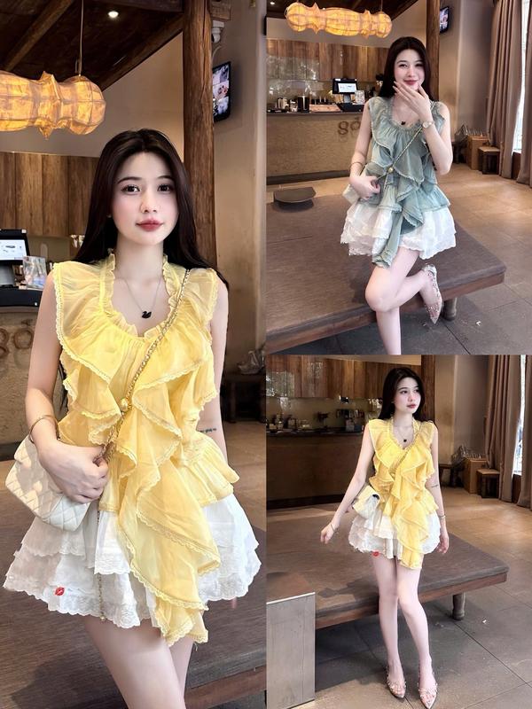Set Bộ Nữ áo bèo chất tơ mix chân váy tầng thô mùa hè,đồ đi biển MS223