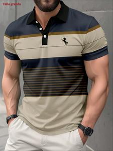 Camisa polo para hombre de talla grande con rayas en bloques de color, estampado de caballo, estilo casual de negocios, manga corta, top de verano de estilo europeo