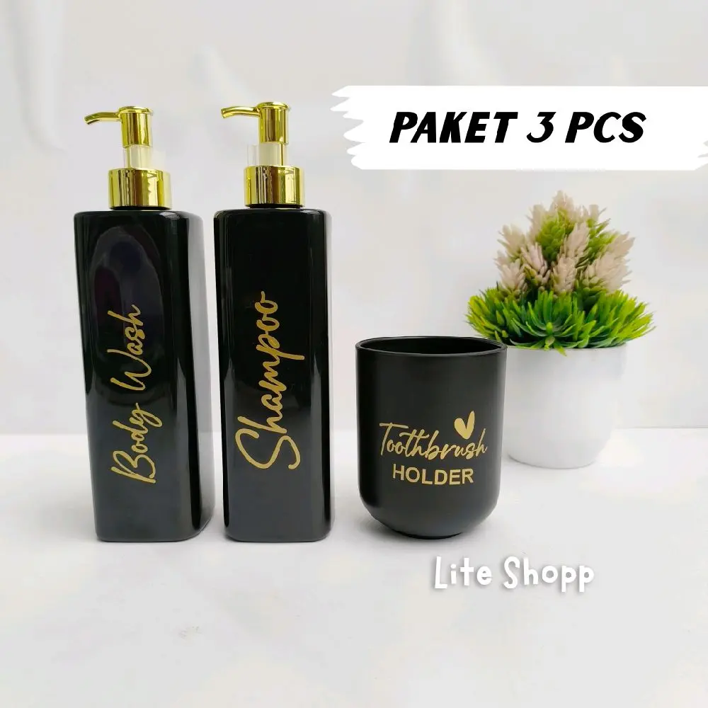 PAKET 3 PCS Botol Sabun Cair Plastik 500ml HITAM KOTAK GLOSY TUTUP GOLD DAN SILVER