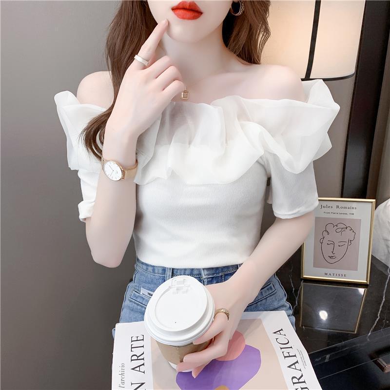 Áo Cánh Nữ, Phong Cách Hàn Quốc, Thiết Kế Mới, Tay Ngắn, Áo Phông Sang Trọng Mùa Hè Mới, Thiết Kế Đẹp, Độc Đáo Và Gợi Cảm, Xương Đòn Hở, Một Vai, 2024 3