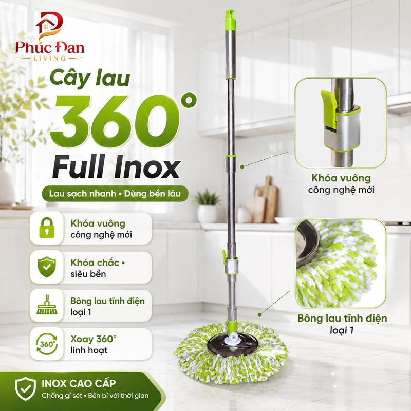 Cây Lau Nhà 360 Độ Full Inox Khoá Vuông Thương Hiệu SONG ANH, Xoay Linh Hoạt Kèm Bông Lau Loại 1