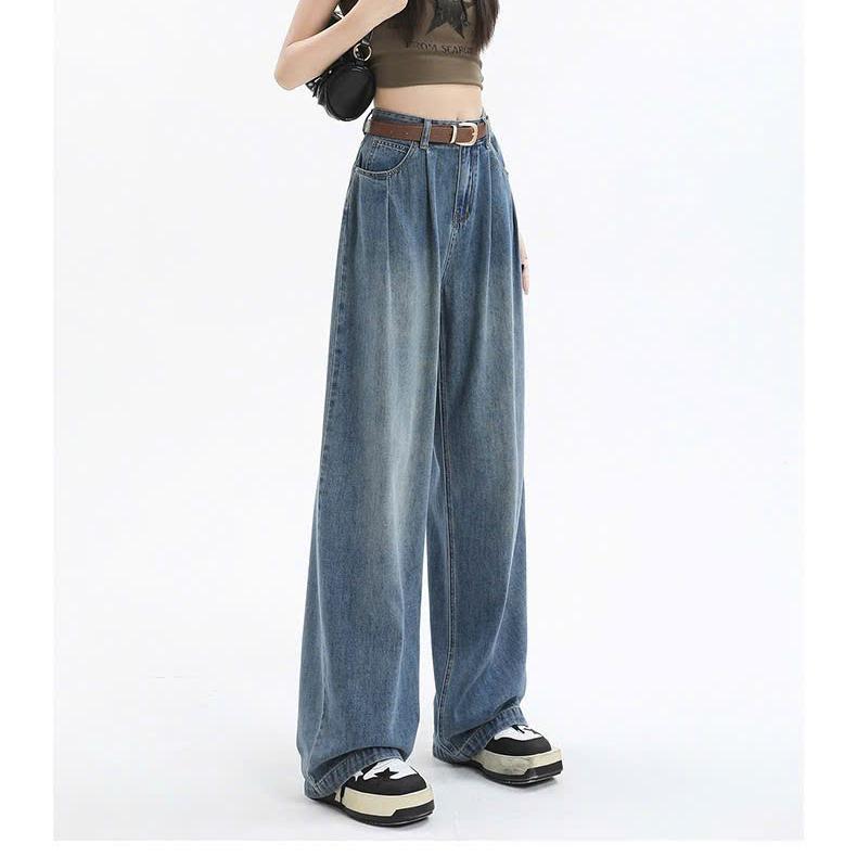 Quần jean bò xếp ly ống suông rộng nữ 1m47-1m57 quần 94-95cm, 1m57-1m65 quần 98-100cm, jeans cạp cao phong cách style 7