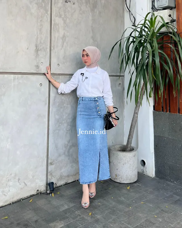 Kamila Rok Jeans kancing Belah Samping Style Denim Casual premium Panjang 5