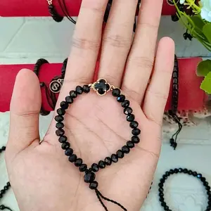Gelang Kristal Clover hitam 6mm/8mm Tali serut