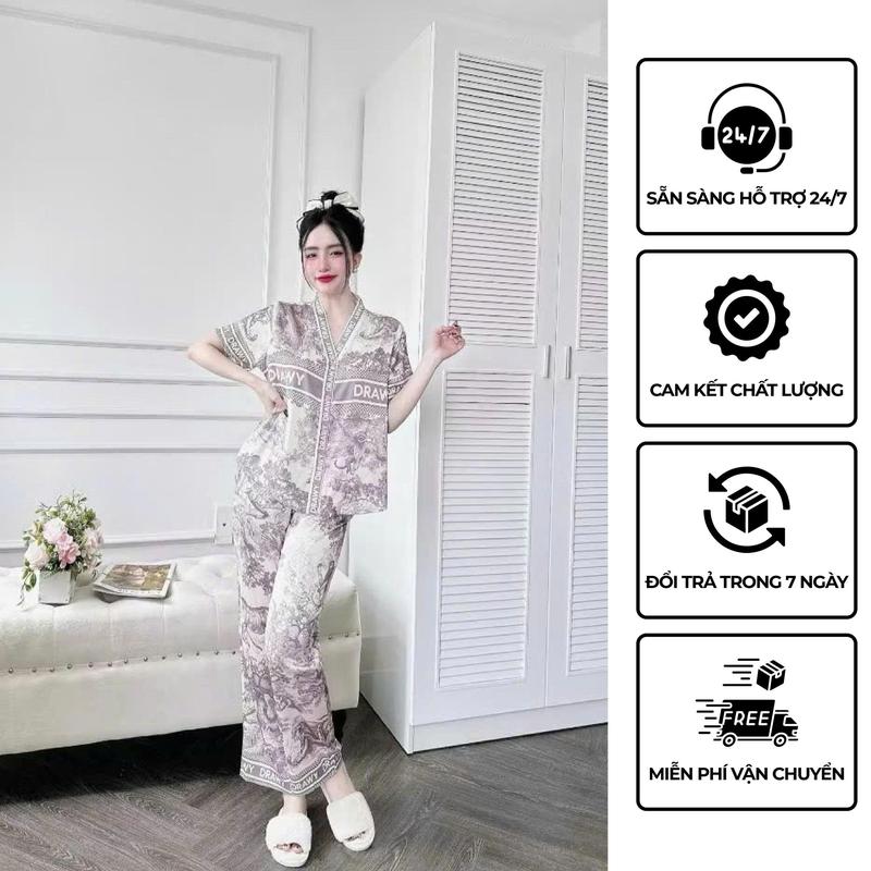  A-Bộ Đồ Ngủ Nữ Quần Dài Cổ Y Hoa Tiết Dễ Thương Chất Liệu Vải Lụa Latin Mặc Nhẹ Mát 