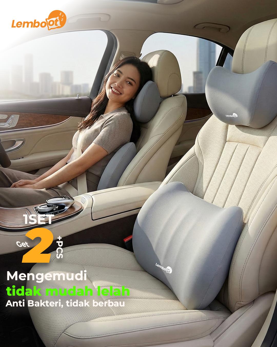 LEMBOOT Bantal Mobil Set Ergonomis Memory Foam 100% Bantal Leher & Pinggang Mobil Kenyamanan Berkendara Terbaik Cocok Semua Tipe Mobil Car Seat