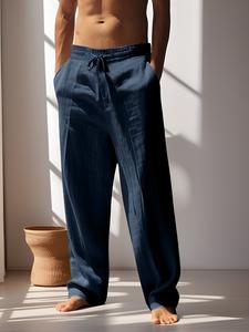 Pantalones largos rectos holgados de lino para hombre, transpirables y cómodos, diseño de color sólido, ropa para playa al aire libre, sin elasticidad en el tejido, estilo casual