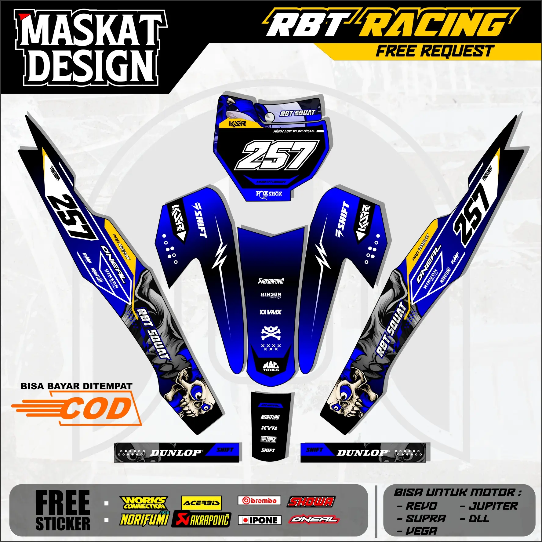 Sticker Motor RBT/GTX VEGA R New: Modif SUPERMOTO YZ CRF KLX KX KTM RBT GTX - Maskat Design 24.11 Motorcycle Glosy