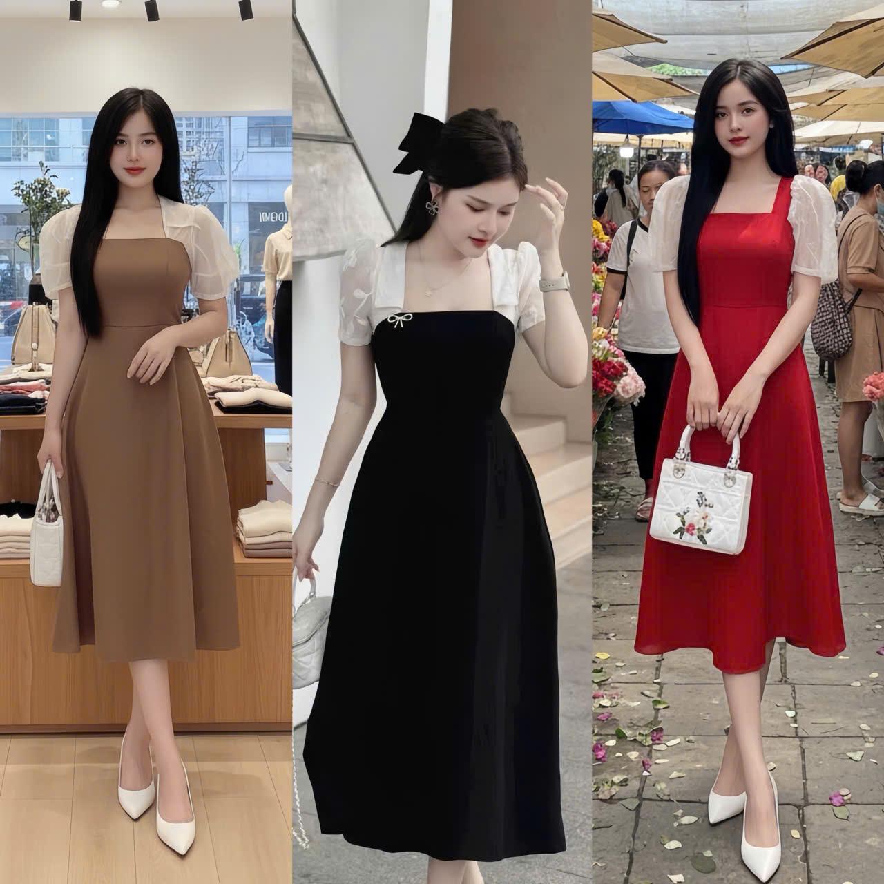 [Xả Kho] Váy Dự Tiệc Phối Voan Thêu Thanh Lịch Vải Cotton Lạnh 40-95Kg Có Bigsize Thời Trang Nữ - A.1396