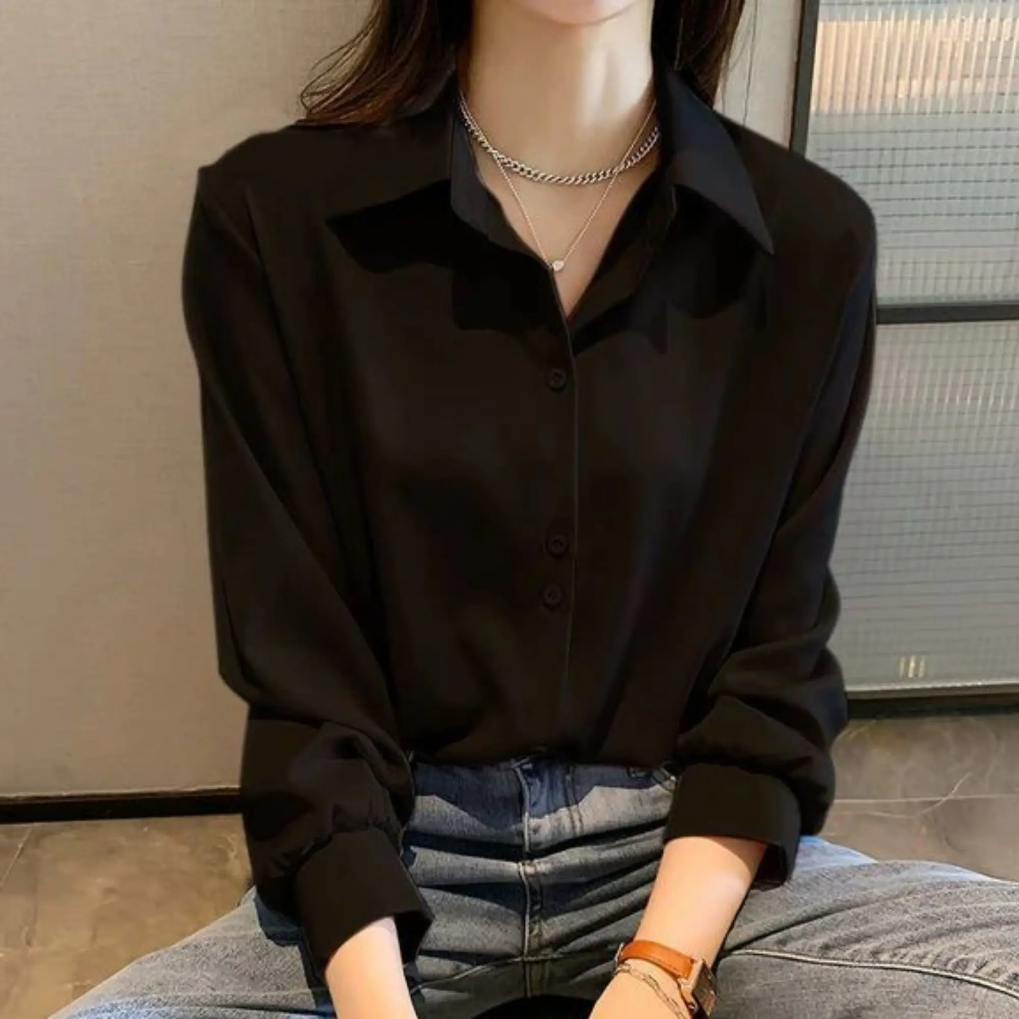 Atasan Kemeja Polos Wanita Trendy Lengan Panjang Full Kancing Bahan Shakila Twill Lembut Anti Kusut
