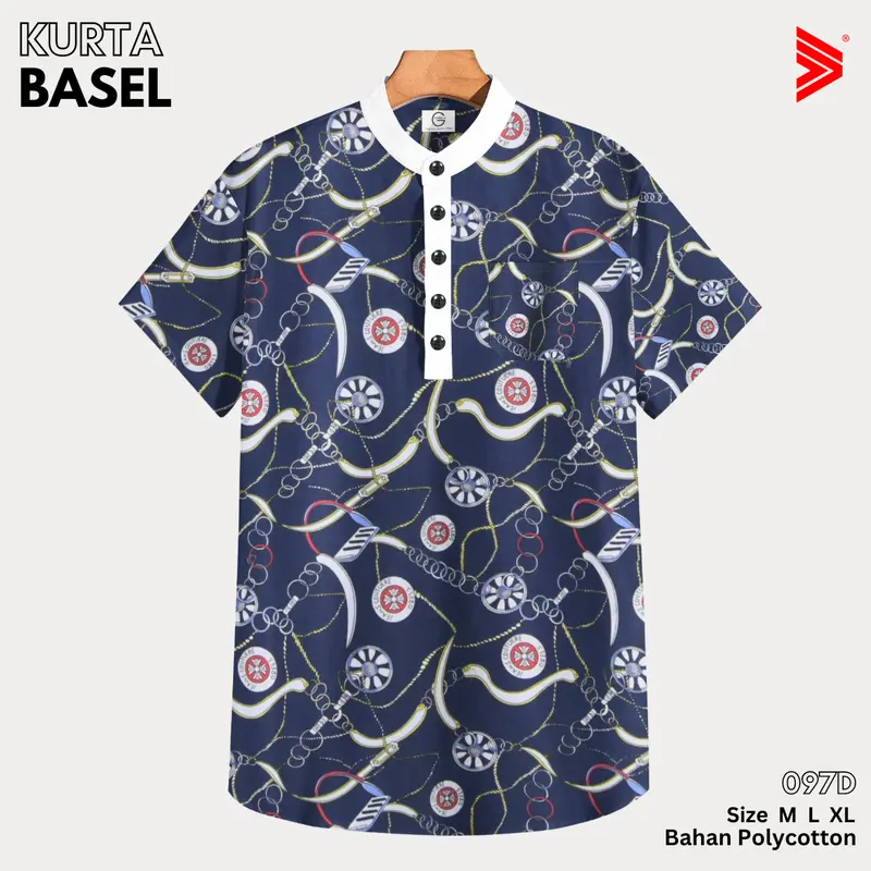 Tiagan99 Kemeja Koko Kurta Pria Shanghai Lengan Pendek Motif Biru Putih Bahan Katun Series Basel 1