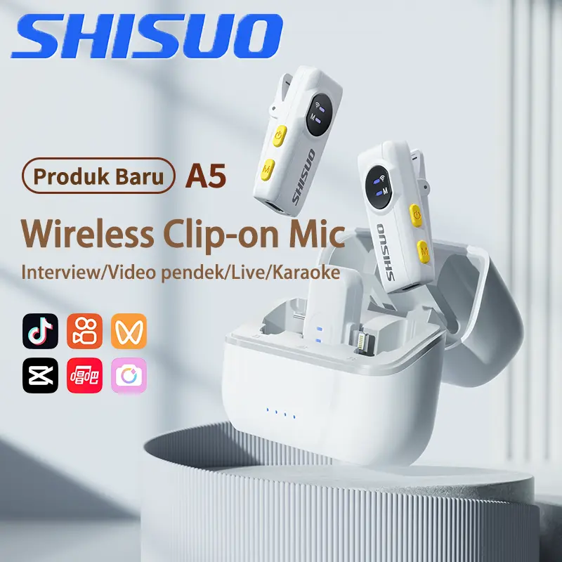 SHISUO A5 Wireless Microphone Mikrofon Nirkabel Lavalier Wireless Mic dan Charging Case Kompatibel untuk Ponsel Pad Komputer Lapel Mic