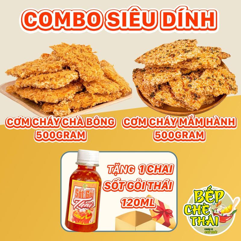 TẶNG SỐT - COMBO SIÊU DÍNH 500gram cơm cháy chà bông + 500gram cơm cháy mắm hành - cơm cháy đáy nồi giòn rụm - kèm chai sốt gỏi thái 120ml - bếp chè thái - Snack Food Ăn Vặt