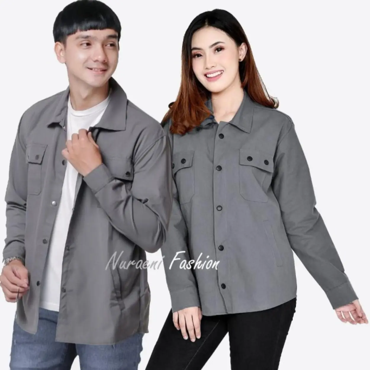 Jaket Couple Top Semi Parka - Kemeja Outer Couple Set Korean Style - Kemeja Couple Pasangan  Polos Canvas Regular wanita l viola silver Baju Merah