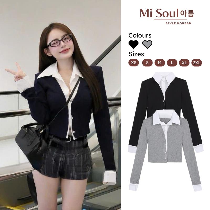Áo Thun Phối Cổ Sơ Mi Trắng 497 MiSoul Áo Sơ Mi Dài Tay Kiểu Cardigan May Liền Ôm Body BigSize