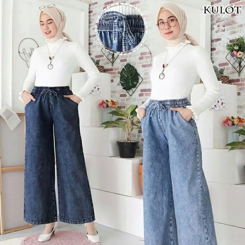 Celana Kulot Paula Jumbo Snow Palazzo Jeans dengan Tali Gesper dan Pinggang Karet - Nyaman Denim Wanita Panjang Dewasa Rawis Cewek 6