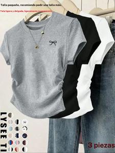 Playera de Estampado de Gato / Moño para Mujer, Camiseta Casual de Manga Corta y Cuello Redondo para Uso Diario, Ropa de Dama para Todas las Estaciones