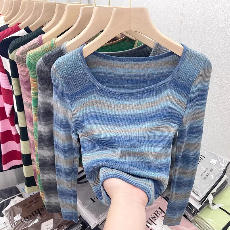 Kaos Benang Stretch Lengan Panjang Bergaris Warna 3
