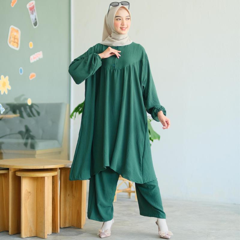 WAGA Setelan Crinkle Jumbo LD 130 150 Baju Tunik Set Kekinian Untuk OOTD Rempel XXXL Airflow Kancing Kantong Karet 2