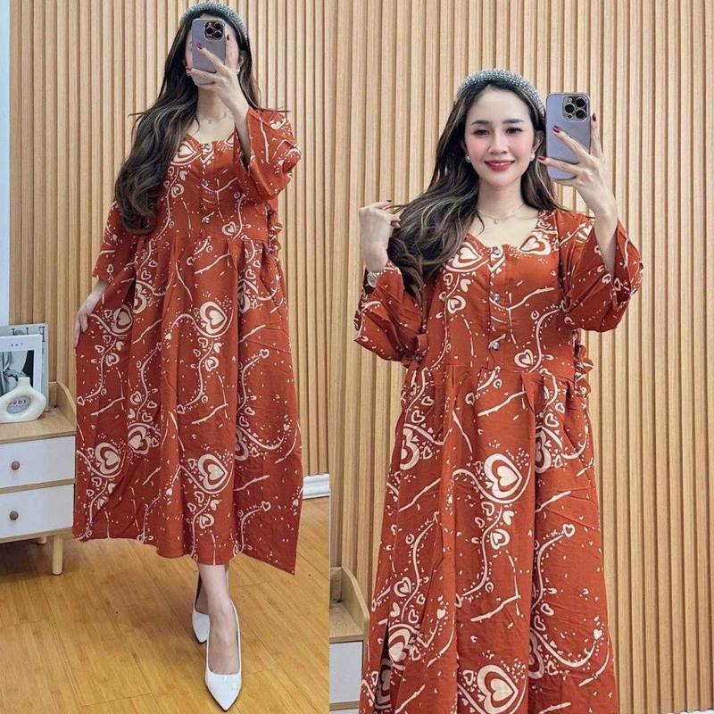 Daster Wanita Lengan 3/4 Jumbo Panjang Kancing Depan Bumil Motif Terbaru Bahan Rayon Tebal Busui Cocok di Pakai Saat Beraktifitas Sehari-hari chibi  Batik daster  rumahan 4