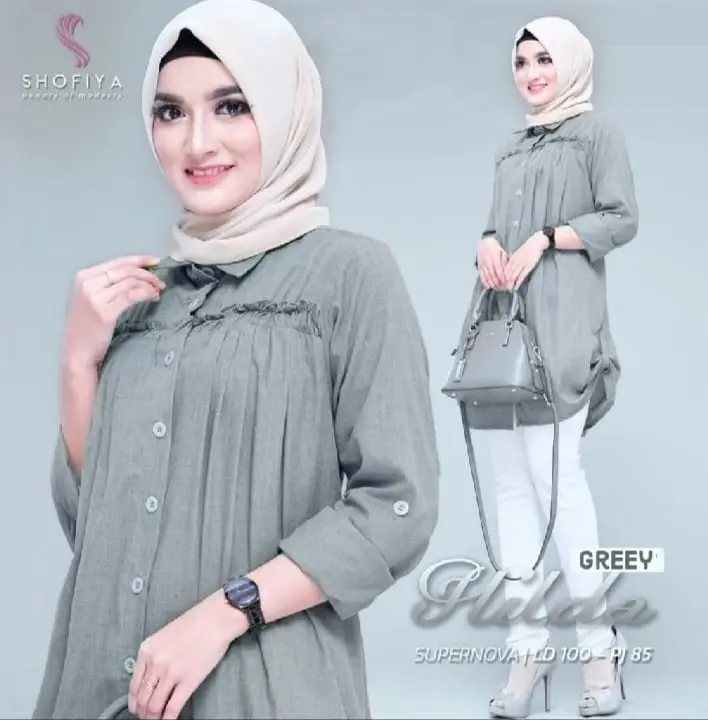 Tunik Wanita Hilda Atasan Renda Muslim Terbaru Busui Katun Supernova dengan Garis Leher Berkerah dan Lengan Manset Panjang 3/4 - Kancing Baju