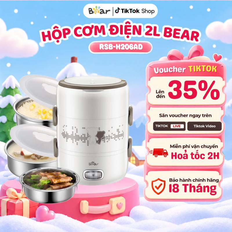 Hộp Cơm Cắm Điện BEAR RSB H206AD (DFH-S2358), Công Suất 270W, Dung Tích 2L, Khay Inox 304 Cao Cấp, 2 Chế Độ Nấu Và Hâm Nóng, Bảo Hành 18 Tháng