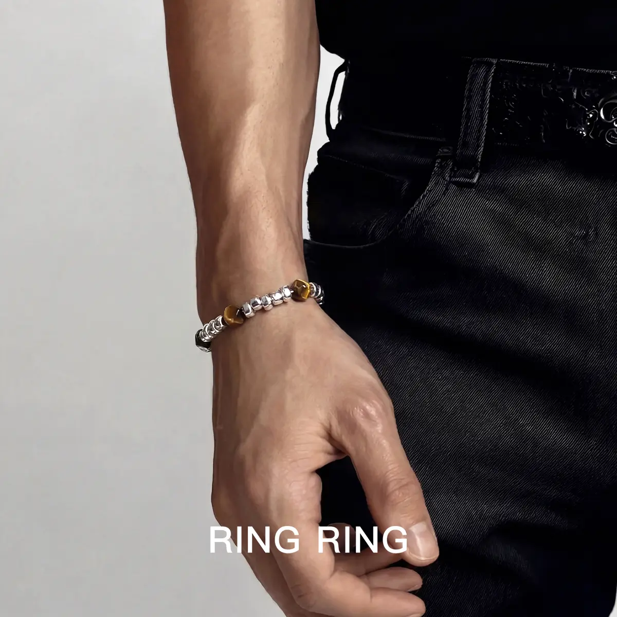 RINGRING-Cincin gelang batu amber dengan tali, cincin gantung gaya Tiongkok retro baru, cincin gelang baja titanium berbentuk manik kawat bergaya modern untuk pria, perhiasan yang modis