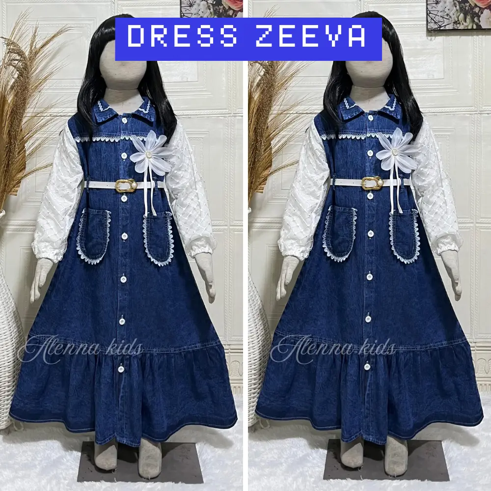 Dress Jeans Free Belt Anak Perempuan Zeeva Lengan Brokat Usia 3-10 Tahun Bahan Jeans Mix Brokat - COD