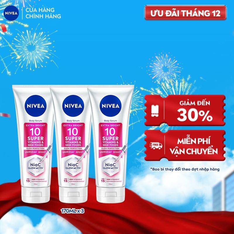 SP10 Bộ 3 Serum Dưỡng Thể NIVEA 10X Super Vitamins & Skin Foods Dưỡng Sáng Da | Mờ Thâm 170 ml - 93830x3