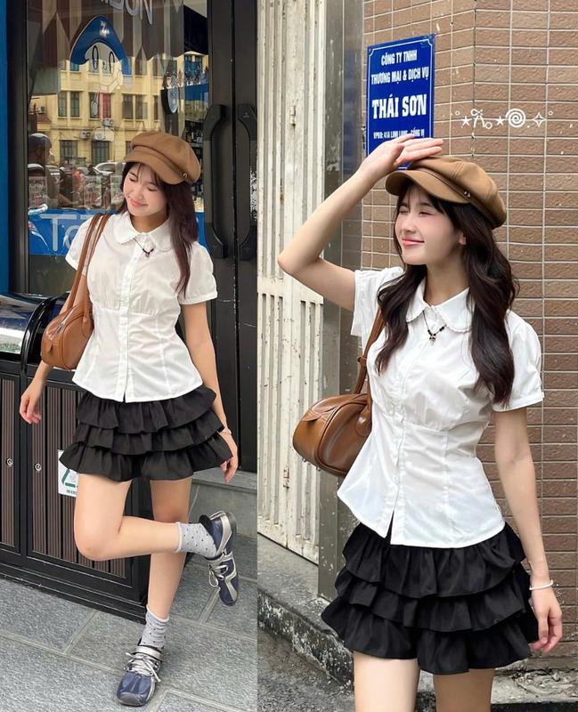 Áo Sơ Mi Nữ A14 Tay Ngắn Cổ Sen Viền Ren Dáng Ôm Có Dây Rút Sau_Hàng Đẹp Có Bigsize