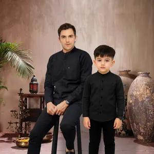 ( NEW ) KEMEJA KOKO COUPLE AYAH DAN ANAK KERAH SANGHAI LENGAN PANJANG PRMIUM Fit Muslim Kurta Hitam Dewasa