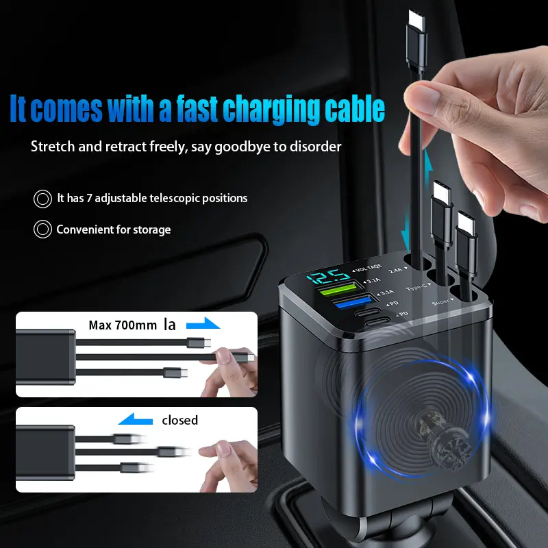 Adaptor mobil 120W port 7-in-1 (USB+PD (TYPE-C)) layar LED 3.1A konverter pengisi daya pengisian cepat cocok untuk ponsel Android dan Apple serta perangkat elektronik mobil