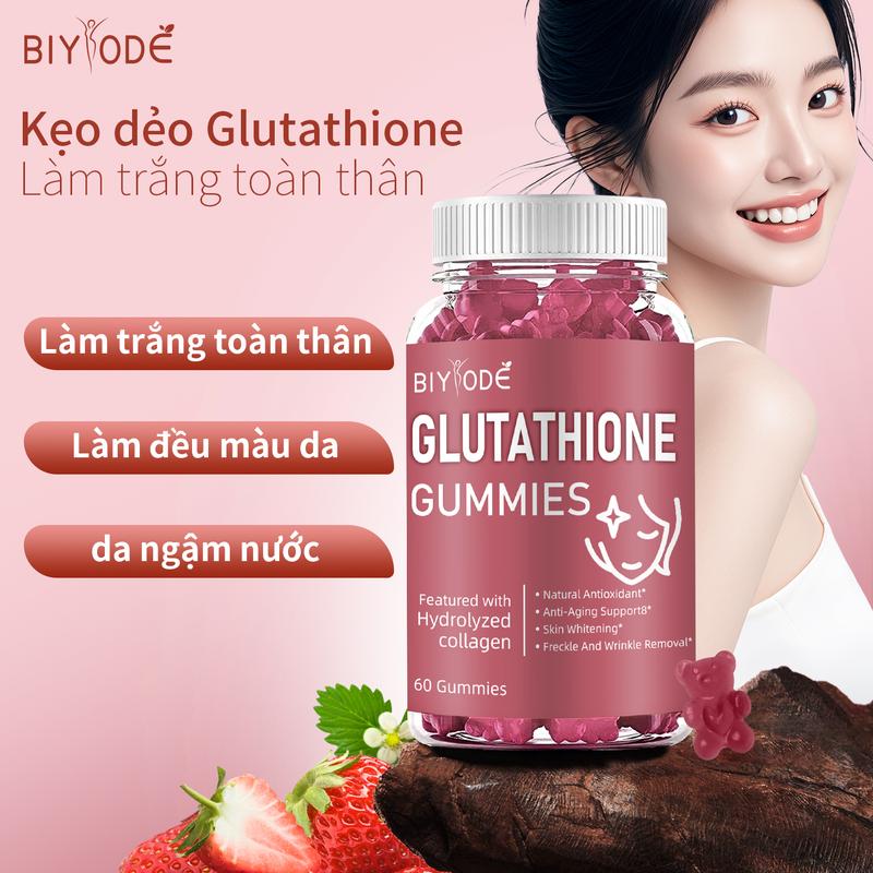 24 giờ BIYODE thúc đẩy Glutathione Gummies làm sáng mềm da xóa mờ vết thâm xóa mụn và bổ sung 60 viên kẹo dẻo vitamin làm đẹp sắc tố phổi đỏ azo và giải độc Thực phẩm bổ sung chay Collagen daglutathione thuc pham nm n dưỡng trắng