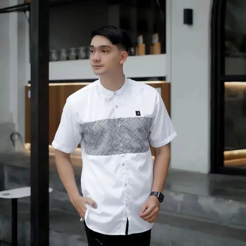 Baju Koko Pria JUMBO Kurta Kemko Sublim Katun Lengan Pendek Garis Kombinasi Muslim Dewasa Motif terbaru KAUTSAR lebaran 2025 0