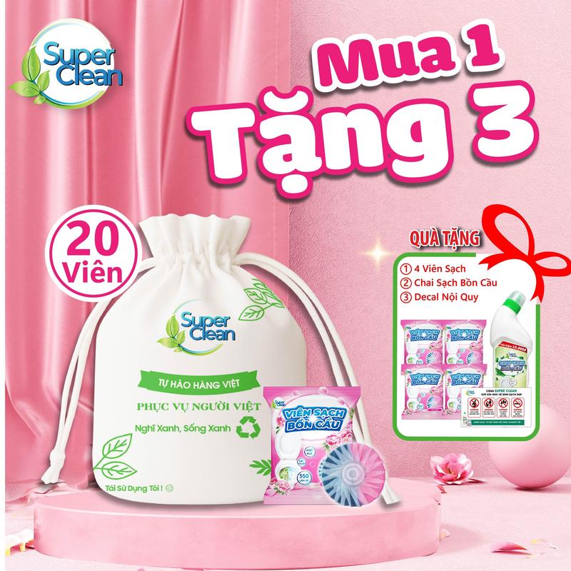 (MUA 1 TẶNG 3) Mua Combo 20 viên sạch bồn cầu Hoa Hồng Super Clean Tặng thêm 4 viên + 1 Chai sạch bồn cầu + 1 Decal - Khử mùi hôi, diệt khuẩn, duy trì sáng bóng của gốm sứ, Làm Sạch, bom tẩy bồn cầu viên  thông viên sủi bồn cầu