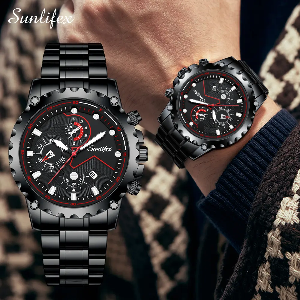 【003 Harga telah diganti, cepat beli】Sunlifex Jam Tangan Pria Original Kalender Tali Stainless Steel Jam Tangan Analog Cowok Watches SL9032