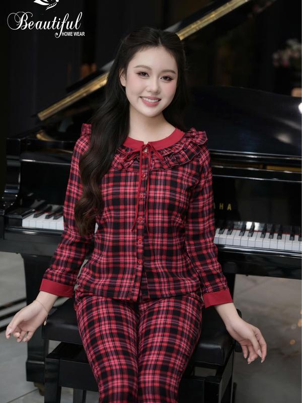  Đồ bộ nữ mặc nhà Y820C Lụa Hàn tay dài kẻ HỒNG TÍM cổ tàu phối bèo 