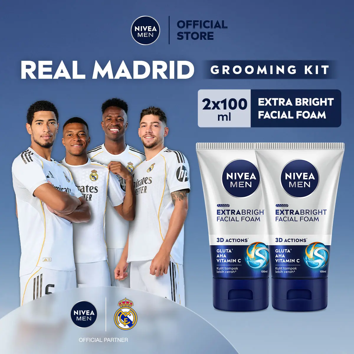 (PAKET HEMAT ISI 2) NIVEA MEN Facial Foam Extra Bright Facial Foam 100ml - Sabun cuci muka pria mencerahkan bintik hitam brightening kulit kusam facial wash wajah cerah membersihkan pori pori terdalam polusi debu kotoran - Glutathione, AHA, Vitamin C